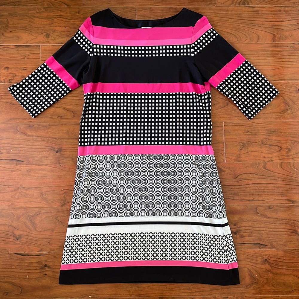 Sandra Darren Pink and Black Color Block Half Length Sleeves Midi Dress